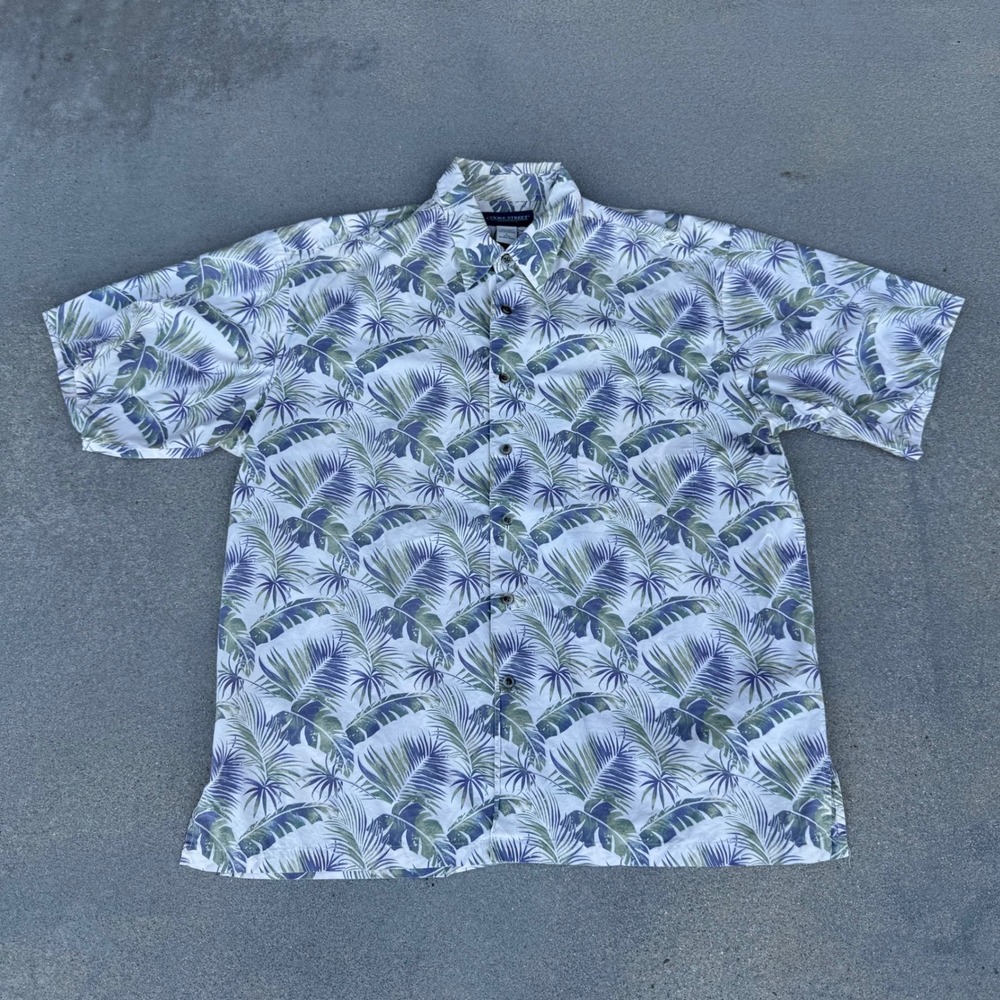 Cooke Street Honolulu Mens Large Aloha Shirt Palm Leaf Tropical Cotton White